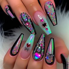 Glam Birthday Nails Almond, New Years Baddie Nails, Pink New Year Nails, Long Junk Nails, Extra Baddie Nails, Full Bling Nails, Karol G Nails, Nails Black Coffin, Coffin Nails Black