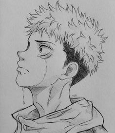 a pencil drawing of a boy with spiked hair looking to the side, in profile