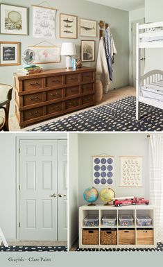 a bedroom with blue walls and pictures on the wall next to a bed, dresser, and chest of drawers