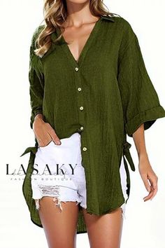 Lasaky - Effortless Elegance: V-Neck Relaxed Fit Shirt Enhanced with Fashionable Belt Tunic Tops Summer, Long Sleeve Swimwear, Linen Tunic Tops, Shirt Linen, High Low Blouse, Linen Casual, Linen Tunic, Long Shirt Dress, Loose Shirts