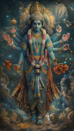 the hindu god is standing in front of clouds with his arms outstretched and hands out