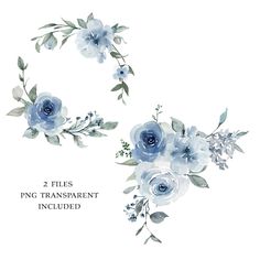 watercolor blue flowers and leaves on white background with text that reads, 3 files