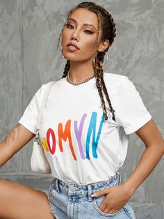 Multicolor Letters Graphic Short Sleeve Crew Neck T-shirt America And Canada, Women T Shirts, Cup Of Tea, Shoulder Length, Tshirts Online, Shirt Online, Casual Style, Neck T Shirt, Sleeve Length