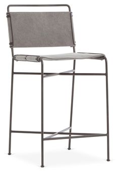 an outdoor bar stool with grey fabric and metal frame, viewed from the front view