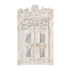 an old white cabinet with ornate carvings on the front and side doors, isolated against a white background