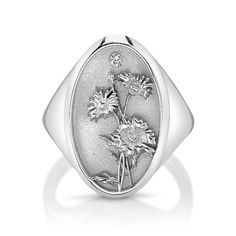 DESCRIPTION The April Birth Flower Signet Ring features the daisy, which symbolizes purity, innocence, and true love. Shaped like a vintage saint charm with a detailed relief carving and dainty diamond, this statement ring is handmade with love in Los Angeles. Show love to an April baby (or yourself!) with this perfect addition to your everyday collection. Note that this piece is handmade to order. Please allow for a 3-4 week lead time as we craft this special ring. Due to the custom nature of t April Baby, October Birth Flowers, March Birth Flowers, February Birth Flowers, April Birth Flower, Relief Carving, Diamond Signet Ring, Three Star, Special Ring