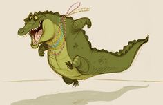 a drawing of a green alligator with its mouth open and teeth wide open, jumping in the air