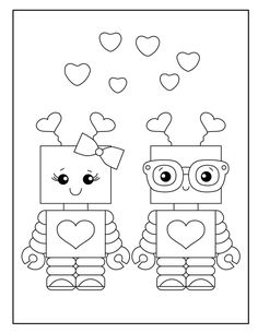 two robots with hearts on their heads and eyes, one holding the other's hand