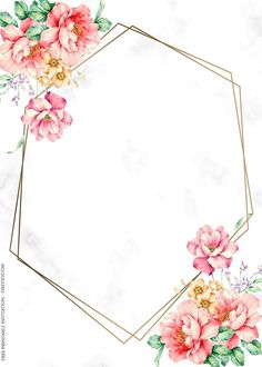 pink flowers and green leaves on a white marble background with gold hexagonal frame