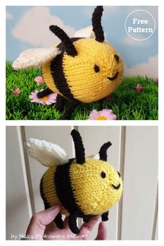 two pictures of a stuffed animal that looks like a bee and the other one is made out of crochet