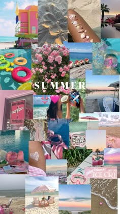 a collage of photos with the words summer written in pink, blue and white