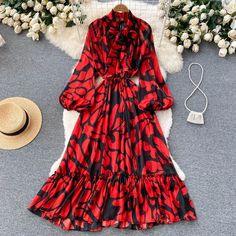 Lasaky - Vintage Print Maxi Dress with Pleated Hem, Loose Lantern Sleeves, and A-line Silhouette Long Dress Summer, A Line Long Dress, Short Maxi Dress, Bow Tie Dress, African Maxi Dresses, Long Red Dress, Loose Maxi Dress, Loose Fitting Dresses, Vintage Inspired Dresses