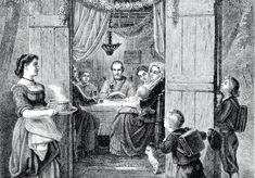 an old black and white drawing of people at a table