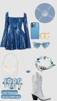 the contents of a blue dress and accessories