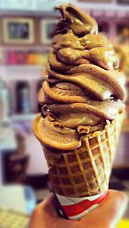 a hand holding up an ice cream cone with chocolate and bananas on top, in front of a store