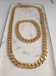 Gold Cuban Link Chain & Bracelet Set, Great Father's Day Gift, Gift for him. Made of 14k Gold Bonded Over Base Metal, Waterproof High Quality Set, Lifetime Guarantee. Both the chain and bracelet are 9mm thick. Heavy, solid set. Gold Cuban Link Bracelet, Gold Cuban Link Chain, Gold Bond, Mens Gold Bracelets, Link Chain Bracelet, Cuban Link Chain, Mens Gold, Cuban Link, Base Metal