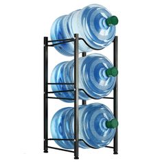 three plastic water bottles are stacked on a black rack with green handles and two blue ones