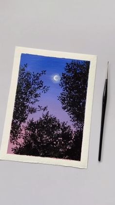 a painting of trees with the moon in the sky above them and a black pen