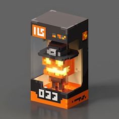 an orange and black box with a pixel figure in it