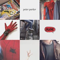 a collage of photos with spider - man, peter parker and other things in them