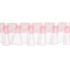 pink and white sheer ribbon with bows on each side, set against a white background