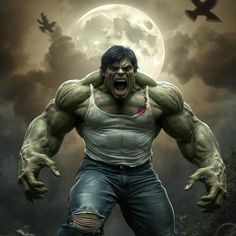 the incredible hulk from the avengers movie is shown in front of a full moon and birds