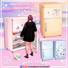 a woman standing in front of an open refrigerator and freezer combo with the caption, mini fridge