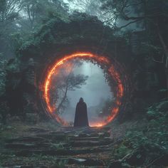 a person standing in the middle of a forest surrounded by fire and fog with a hooded figure