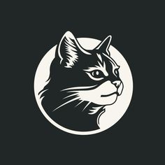 a cat's head in the center of a circle on a black background illustration