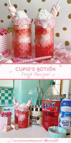 cupid's rotten float recipe with pink and white sprinkles in mason jars