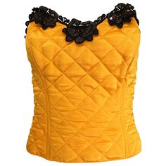 Fabulous 90s NATORI for NEIMAN MARCUS yellow quilted sequin and lace strapless bustier top! Features a soft silky quilted fabric and black lave and sequins around the top. Interior boning holds everything in place. Full zipper up the back. Can easily be dressed up or down. Great paired with jeans, trousers, shorts or a skirt. In great unworn condition. Made in Italy Marked Size Medium Measurements: 18-19 inches from underarm to underarm (strapless) 30-32 inch waist Fashion Png, Vintage Bustier, Designing Clothes, Clothing Projects, Yellow Quilts, 70s Inspired Fashion, Strapless Bustier, 1990s Fashion, Yellow Silk