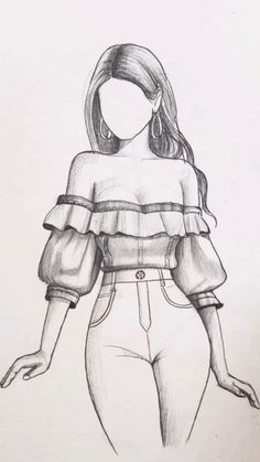 a pencil drawing of a woman in high waisted pants and off the shoulder top