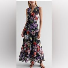 Express Maxi Floral Print Dress Nwt Shell: 100% Polyester Lining: 100% Polyester Multicolor Tiered Dress For Daywear, Elegant Tiered Multicolor Maxi Dress, Elegant Multicolor Tiered Maxi Dress, Elegant Multicolor Tiered Dress, Snake Skin Dress, Purple Maxi, Purple Maxi Dress, High Low Maxi Dress, Cutout Maxi Dress