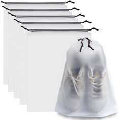 six bags with white shoes in them on top of each other