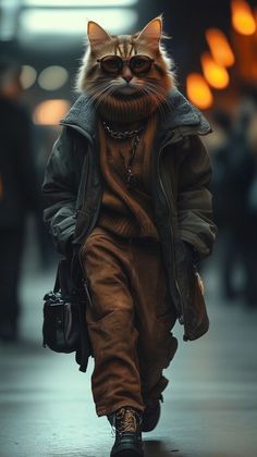 a cat in a jacket walking down the street with a handbag on it's back