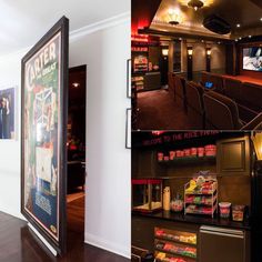 the inside of a movie theater with chairs and movies on the wall, and an open door leading to another room