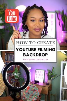 a woman holding up a sign with the words how to create youtube filming background