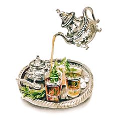 a silver tray topped with glasses and a tea pot filled with liquid next to another cup