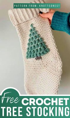 a crochet christmas stocking with a tree on it and text overlay