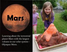 an image of two children in front of mars and the planet with text that reads learning about the terrestrial planet mars with the largest volcano in our solar system