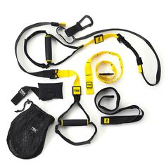 a set of resistance training equipment with straps and pouches on a white background, top view