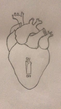 a drawing of a human heart with the words on off written below it and an arrow pointing up