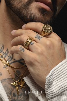 18K Gold Rings Stacks: Featuring our Bestselling Crown Ring and St Christopher Signet. Shop Now for More Statement Styles. Men Crown Ring, Crown Ring Men, Men’s Gold Jewelry, Men’s Jewellery, Gold Ring Designs For Men, Gold Signet Ring Mens, Gold Jewellery For Men, Gold Jewelry Men, Mens Gold Signet Rings