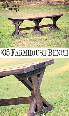 this is an image of a bench made out of wood and some text overlay that says $ 35 farmhouse bench