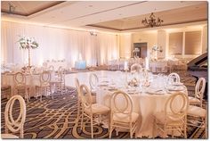 a banquet room set up for a formal function