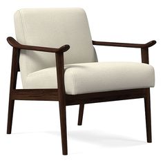 a wooden chair with white upholstered fabric on the armrests and back