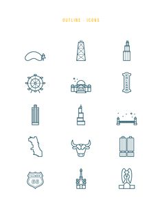 the outline icon set includes buildings, roads and other things to see on this page