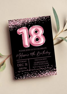 "Editable 18th birthday invitation perfect for your next birthday party or birthday dinner. This pink and black invitation can be edited yourself using Canva. If you choose to print yourself the print size is 5x7 and can be printed on cardstock invitation paper. You can also have the completed file taken to your local print shop and have them print. Can also be saved as an image to use as a text invitation or email invitation. All the wording is editable. Details:  pink and black invitation with pink \"18\" balloon design. Please reach out for different age.  HOW IT WORKS: ♥ Once purchased, you will receive a link that will take you to Canva.com where you will be able to edit the template. You will be able to edit wording, font, and font size, Save your template and download. You can use t Pink And Black Birthday Invitations, Pink And Black Invitations, Pink And Black Birthday Theme, Invitation Birthday 18th, Invitation Card Design 18th Birthday, 18th Birthday Invitation Ideas, Pink And Black Birthday Party Decoration, Pink And Black Party Theme, 18th Birthday Invitation Templates