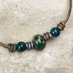 Green Agate, Leather Necklace, Agate, Genuine Leather, Chain, Green, Leather