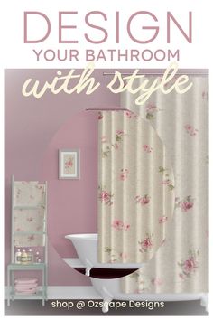 the bathroom is decorated in pink and white with floral shower curtain, toilet paper roll, sink